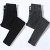 Women's High Waist Elastic Denim Skinny Pants - Double Button Pencil Style for Spring, Autumn, Winter