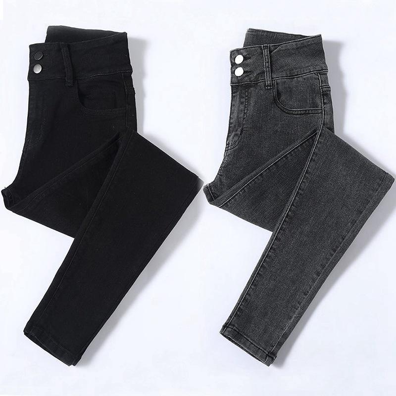 Women's High Waist Elastic Denim Skinny Pants - Double Button Pencil Style for Spring, Autumn, Winter