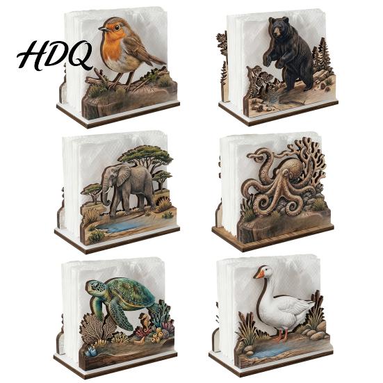 Practical Housewarming Gifts for New Home Rustic Wooden Napkin Holder Octopus/Bird/Goose/Turtle/Black Bear/Elephant Pattern Compact Tissue