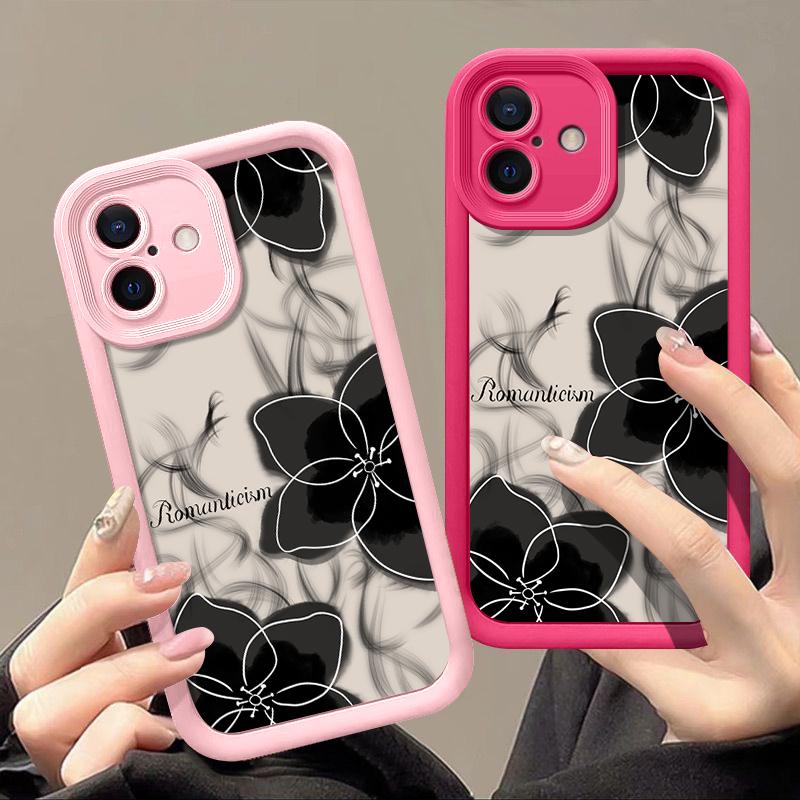 Luxury Black Flower Print Silicone Phone Cover For iPhone 16 Pro Max 15 Pro 14 13 12 11 8 7 Lens Protection Shockproof Soft TPU Case