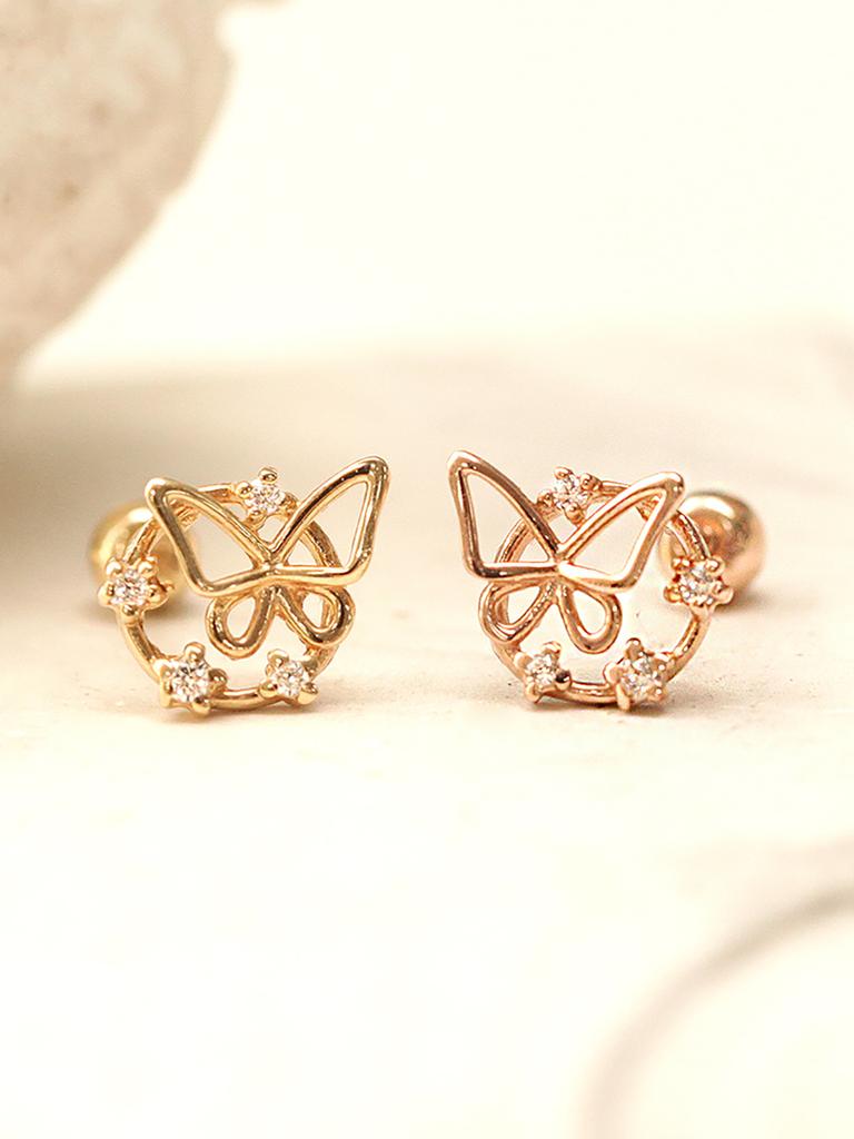 Minimalpiercing 14K Circle Cubic Butterfly Piercing Earrings