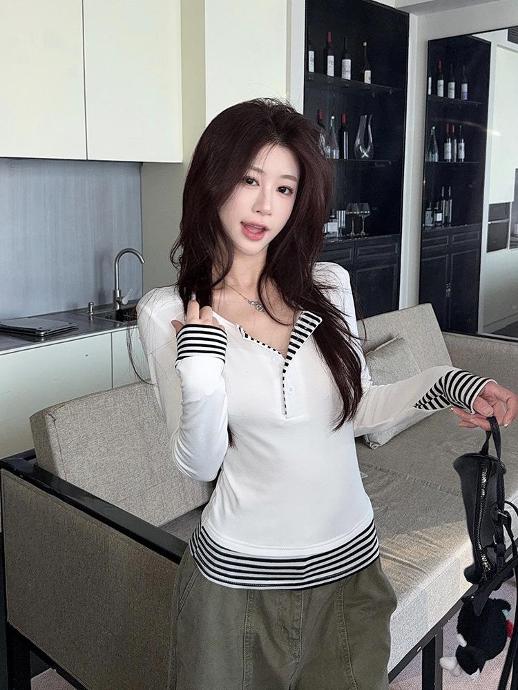 Women's Striped Patchwork Faux Two-Piece Long-Sleeve Shirt - 2025 Autumn Korean Style Slimming Base Layer