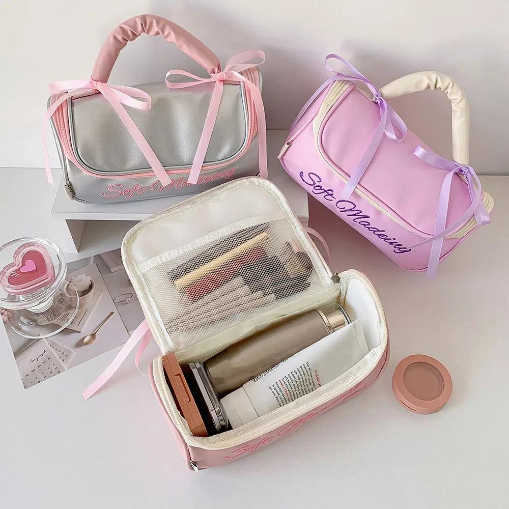 Desktop Storage Bow Stationery Bag PU Leather Bow Pencil Pouch Kawaii Y2K Bow Storage Bag Office
