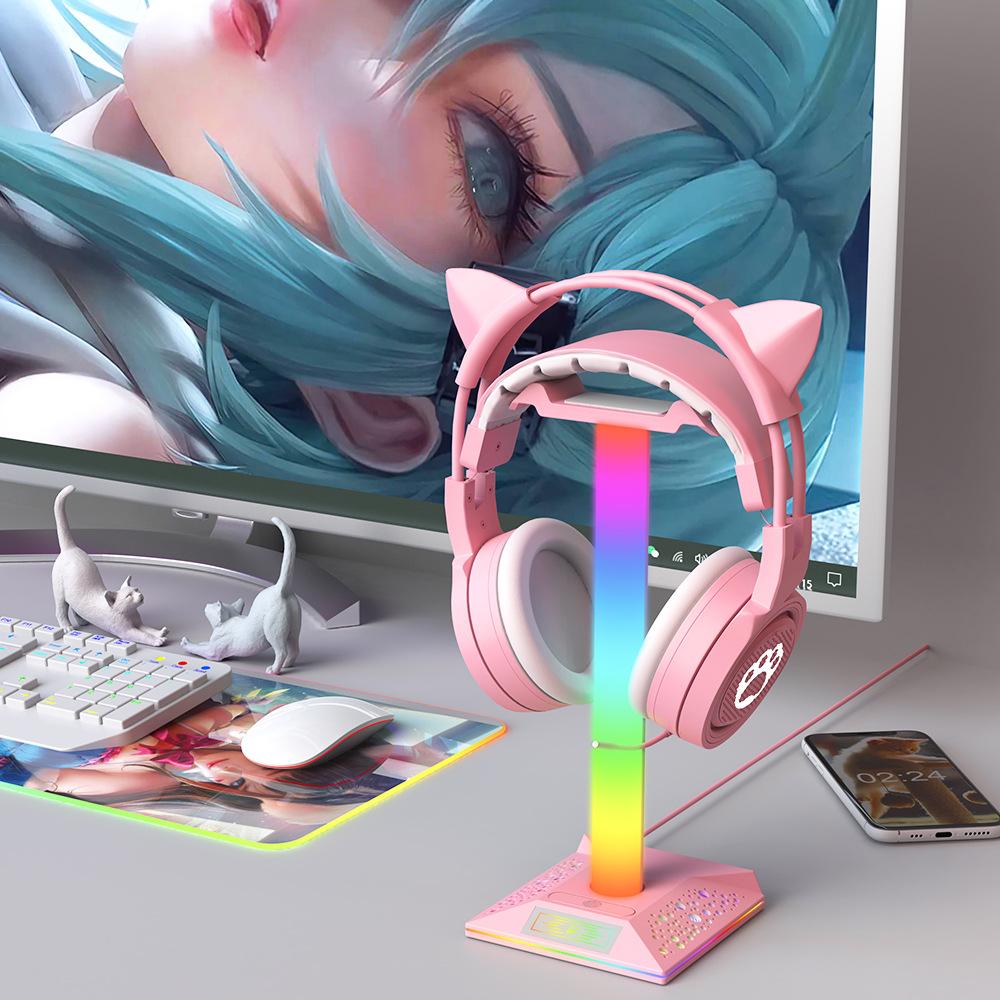 Lanxinda EB05 Gaming Headset Stand with RGB Lighting Dual USB and Type-C Ports Touch Control Holiday Lights ABS Material