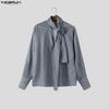 INCERUN Elegant Men Flower Tie Up Neck Long Sleeve Striped Casual Shirts Tops