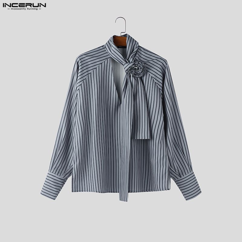 INCERUN Elegant Men Flower Tie Up Neck Long Sleeve Striped Casual Shirts Tops