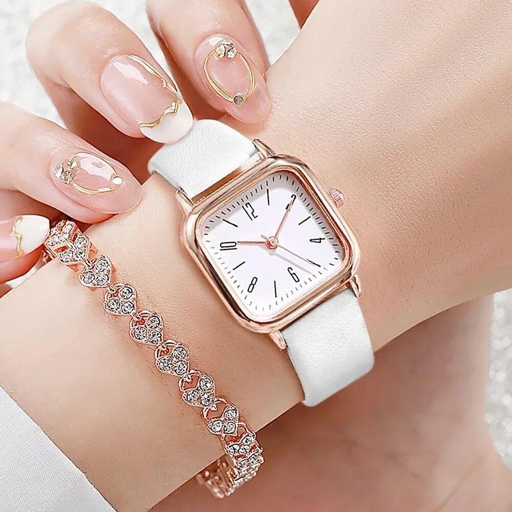 Xiaomi 2PCS/Set Fashion Square Women Watches Casual Leather Strap Quartz Watch Rhinestone Bracelet Set