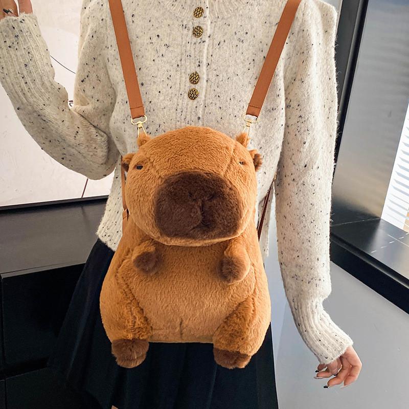 Cute Cartoon Capybara Plush Backpack For Women College Students Brown Silky Soft Urban Minimalist Style