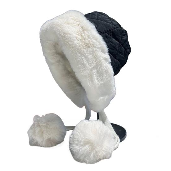Women Quilted Hat Winter Padded Warm Hat with Cute Pom Pom Ear Protection Fuzzy Hat with Drawstring for Autumn Winter Street Daily Wear