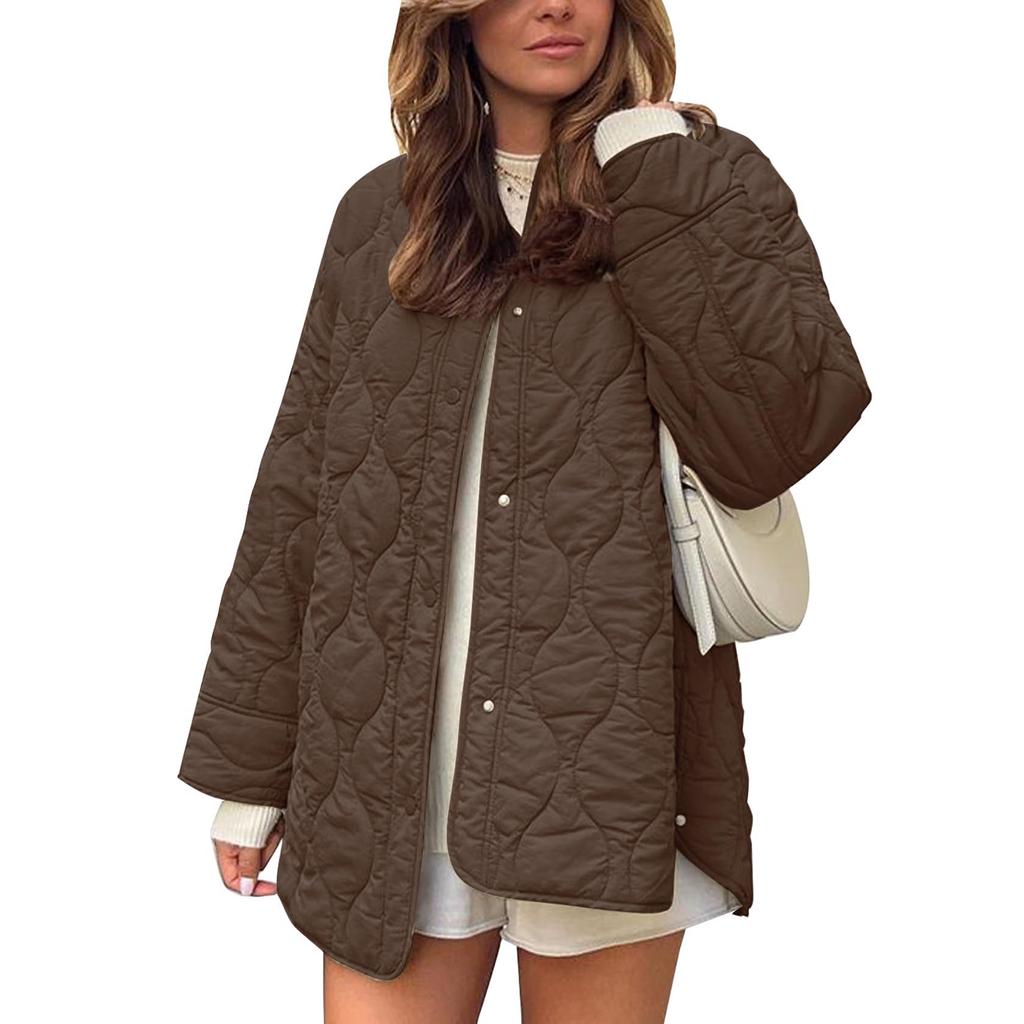 Women's Casual Crewneck Jacket With Pockets, Buttons, Solid Color And Long Sleeves