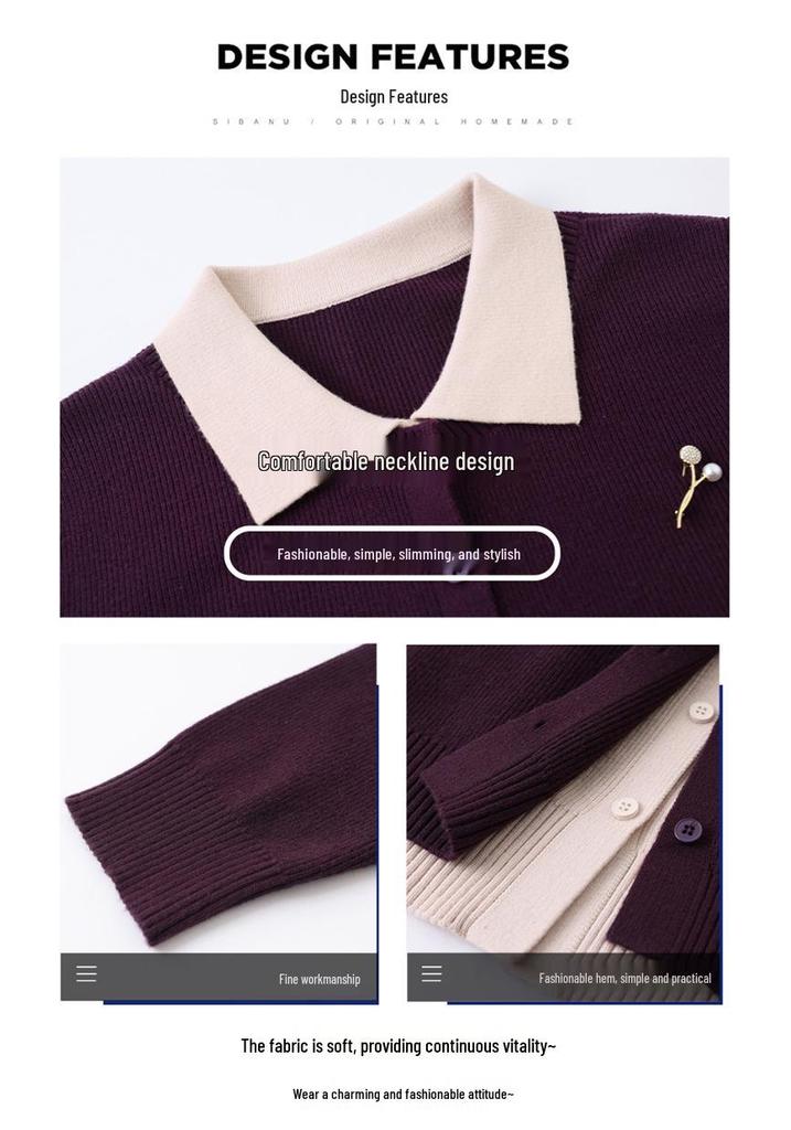 Chic Red Lapel Sweater for Women, Ideal for Spring/Autumn, Knitted Cardigan, Faux Two-Piece Design for Middle-Aged Style.