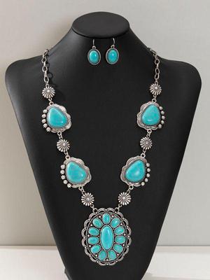 European & American Retro Turquoise Necklace and Earring Set