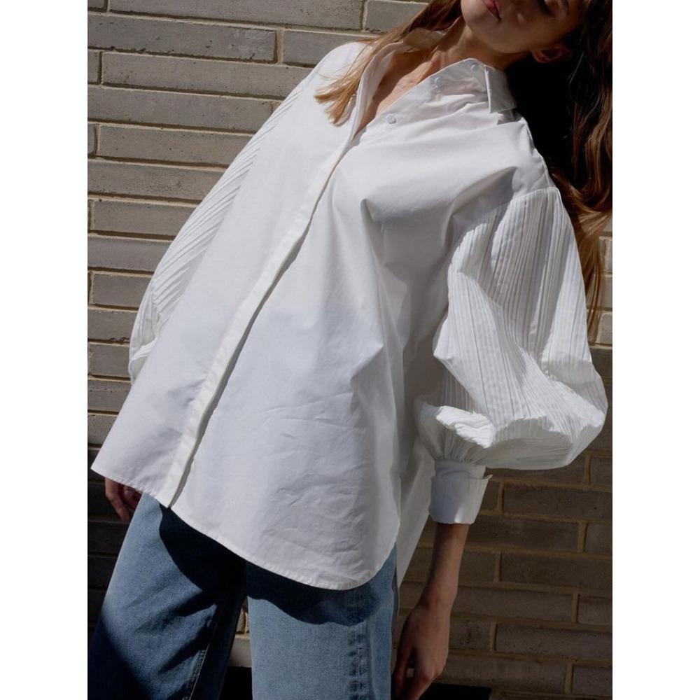 High Street French ins style niche fashion top pleated lantern sleeve silhouette shirt women s high sense European and American S белый