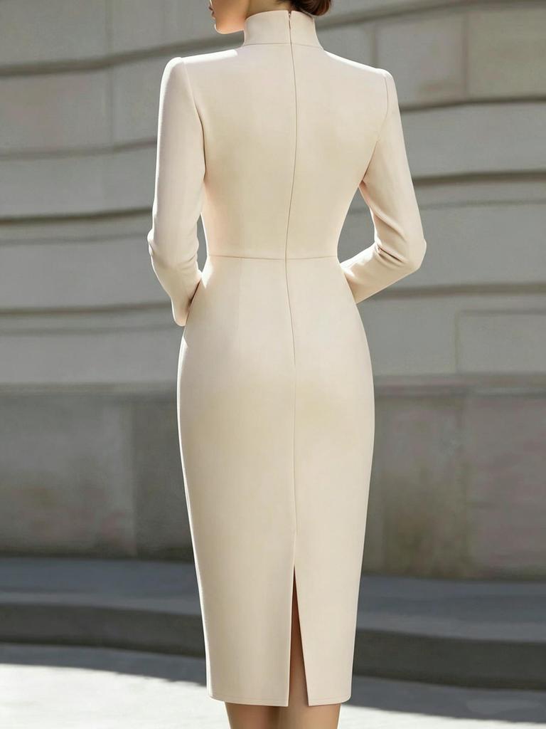 Elegant European & American Style Stand Collar Long Sleeve Bodycon Dress for Women - Slim Fit, Mid-Length, Formal Wear