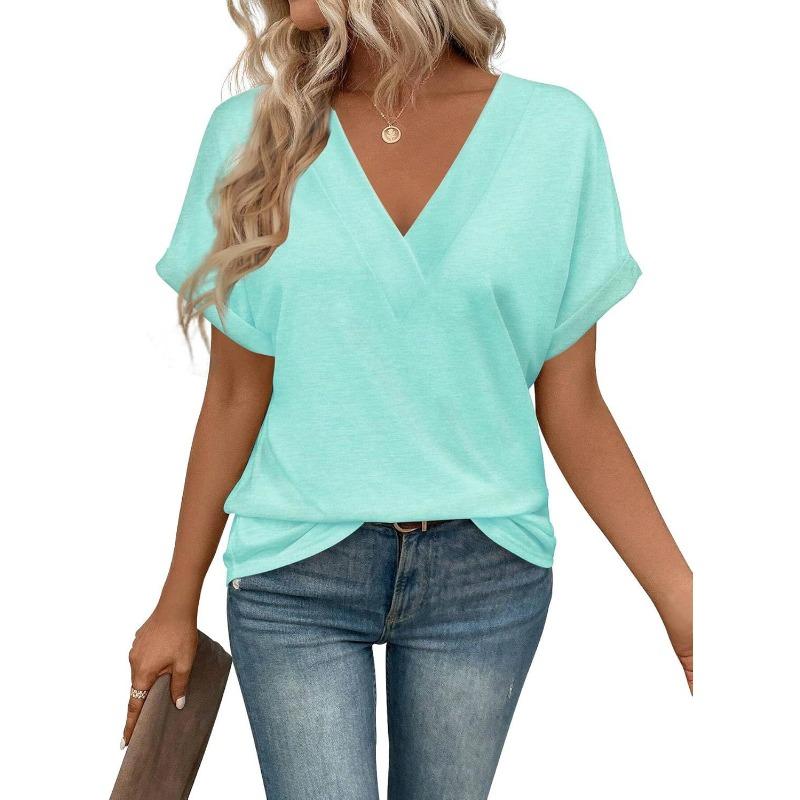 IHUASU Women's Fashion Casual Solid Color Print Short Sleeve V Neck Blouses & Shirts Unique design