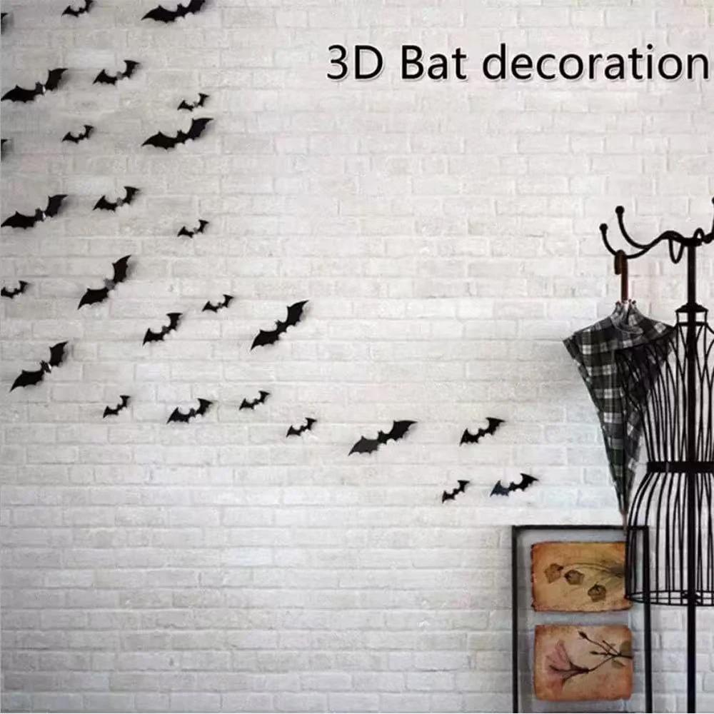 Runtow 48pcs Halloween Decorative Bat Stickers ,3D Stereoscopic Black Bat Stickers ,Party Ghost House Terrifying Wall Stickers