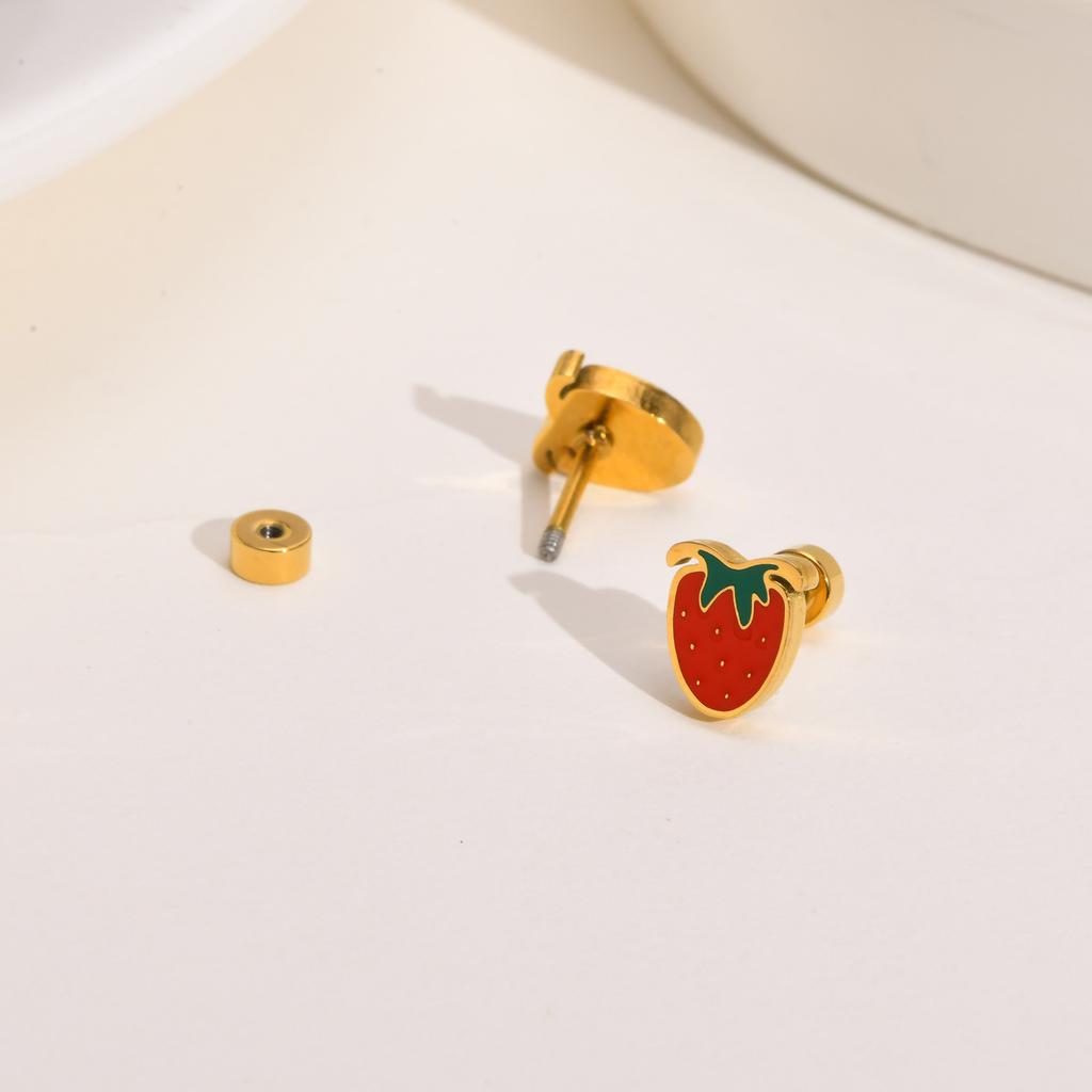 Women's Chic Minimalist Strawberry Stud Earrings, Gold Color Stainless Steel Dainty Charm Rainbow Hoop Dangle Earring To Girls