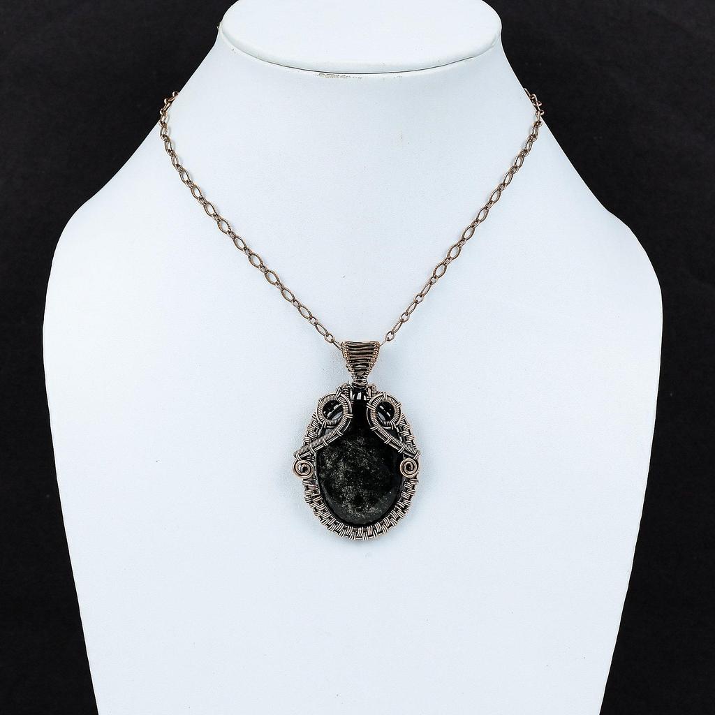 Stříbrný lesk Obsidiánový přívěsek měděný drát omotaný přívěsek Unikátní měděný design šperků Ručně vyrobený přívěsek z drahokamů Svatební dárek drátěný šperk