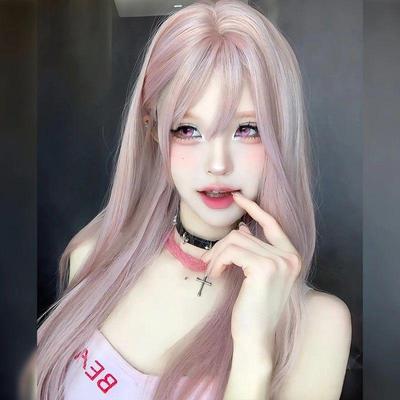 Gray Pink Long Straight Wig with Bangs for Women & Girls - Versatile Look with Rose Net Full Head Cover