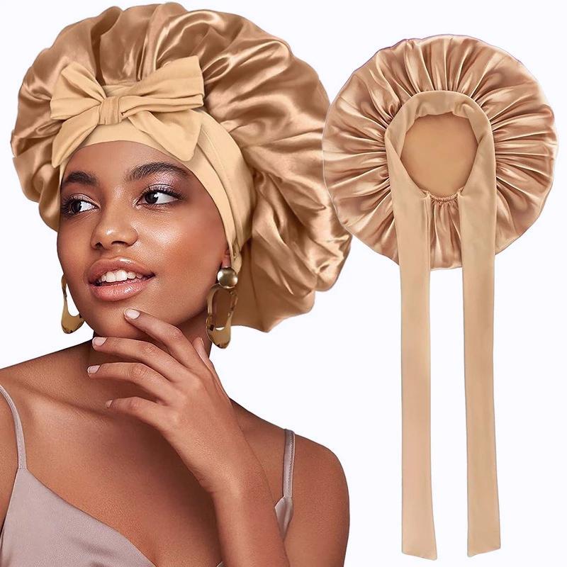 New Satin Solid Sleeping Hat With Stretchy Tie Band Elastic For Women Night Shower Cap Adjustable Hair Head Cover Bonnet Turban