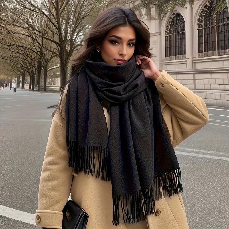 

Korean Solid Color Fringe Imitation Cashmere Scarf Shawl Thick Warm Dual Use Versatile Student Neck Warmer for Autumn Winter 200X75CM& 8Y чёрный