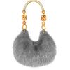 Retro Multicolor Furry Handbag Beads-Chain Handle Soft Tote Bag Faux Fur Oval Shoulder Bag Versatile