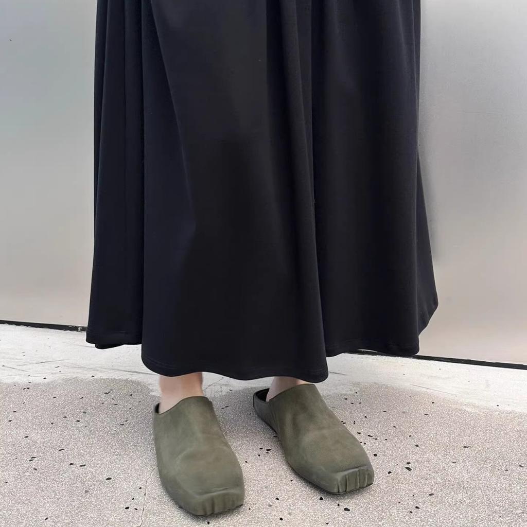 Leather Retro Niche Pig Nose Bag Head Half Slippers Women's Summer and Autumn New Square Head Flat Bottom Washed Cool Slippers