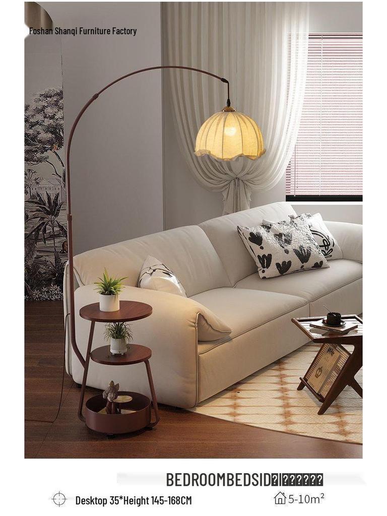 Antique-Style Floor Lamp with Integrated Coffee Table and Storage Rack