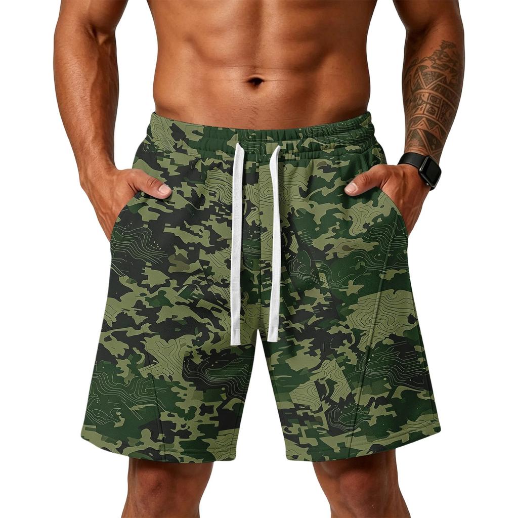 Herren lockere Camouflage-Print Sportshorts mit Taschen für Fitnessstudio Training Laufen Strandbekleidung Kordelzug Taille
