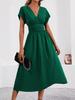 Ladies Summer Solid Color Overlapping V-Neck Bat Sleeve Waist Folds Long Elegant Dress, Women's Long Dress