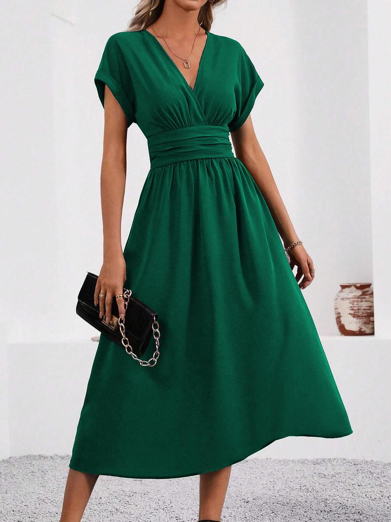 Ladies Summer Solid Color Overlapping V-Neck Bat Sleeve Waist Folds Long Elegant Dress, Women's Long Dress
