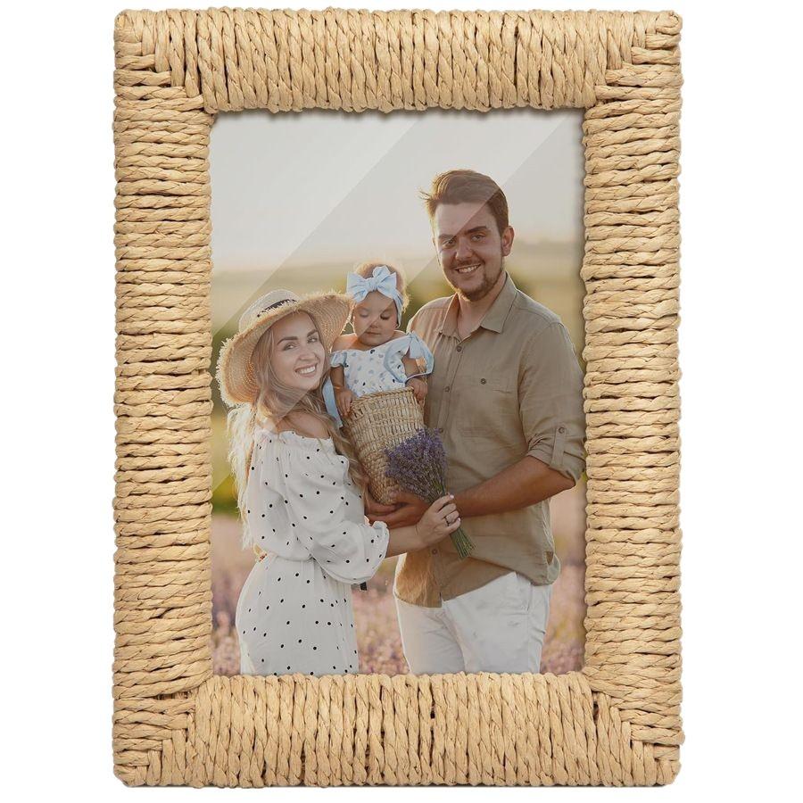 Cornice per Foto in Legno con Corda di Canapa Intrecciata Fatta a Mano Creativa, Elemento Decorativo in Rattan, Cornice per Foto Stile Boemo Scatola Portagioie
