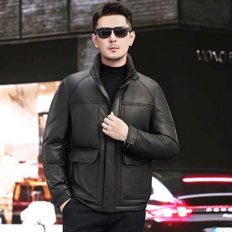 KAISER Men's Genuine Leather Stand Collar Down Jacket