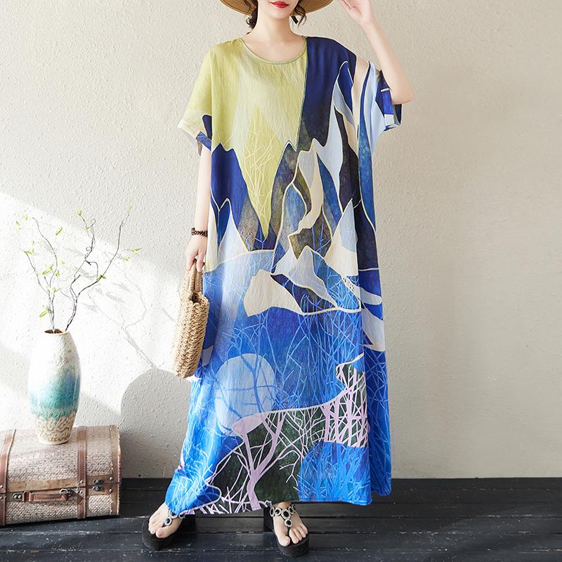 Dimanaf 2025 Summer Women Plus Size Dress Basic Casual Dress Loose Vintage Printing Long Beach Short Sleeve Dress