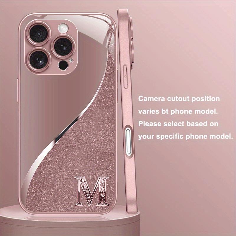 Pink Diamond Letter Pattern Pink Metallic Paint Glass Phone Case For iPhone 17Air 16 15 17 Pro Max 11 12 13 14 Plus 16E Cover