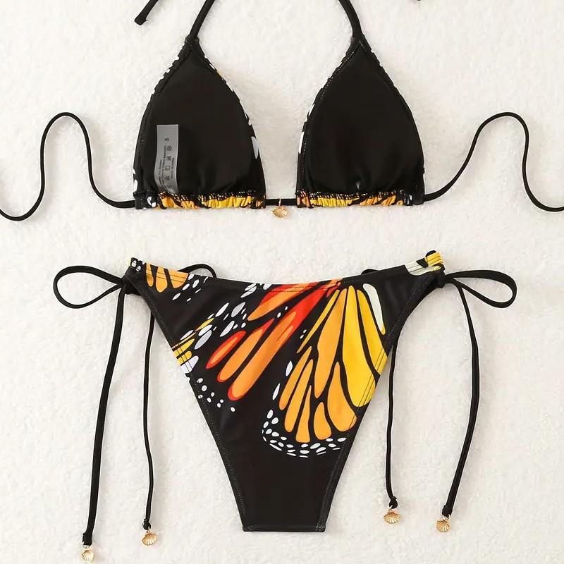 Butterfly-Print Tie-Up Backless Bikini Swimsuit for Women