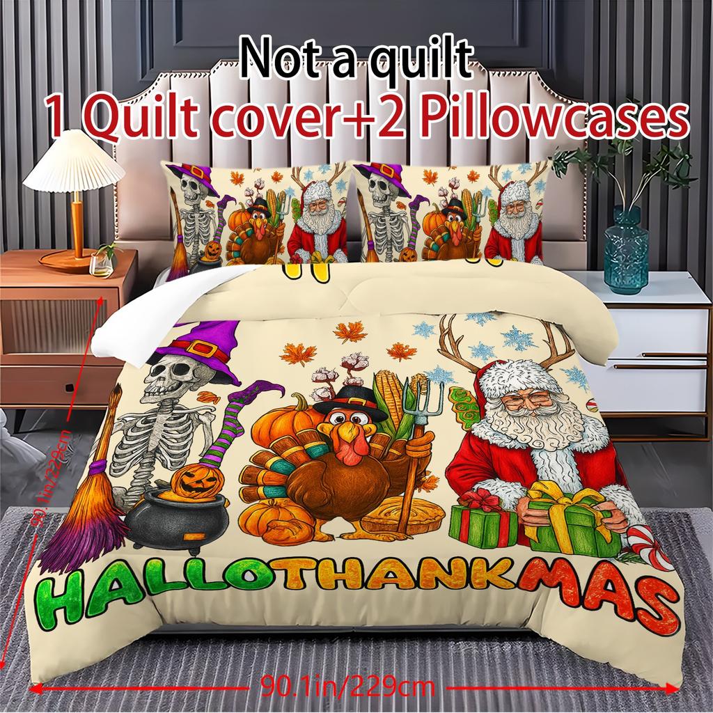 Duvet Cover Printed With Christmas Decoration Super Soft Brushed Microfiber Double Bed Comfortable Set With Zipper Closure And 2 Pillowcases