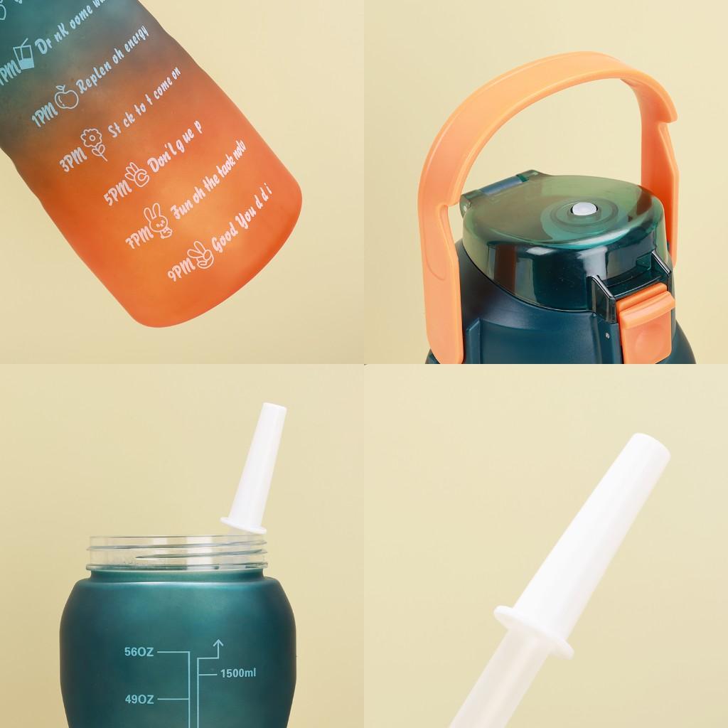 1500mL Water Bottle with Marker Straw Handle Leakproof Large Capacity Water Bottle Reusable Water Jug for Hiking Travel Outdoor Sports Gym Fitness