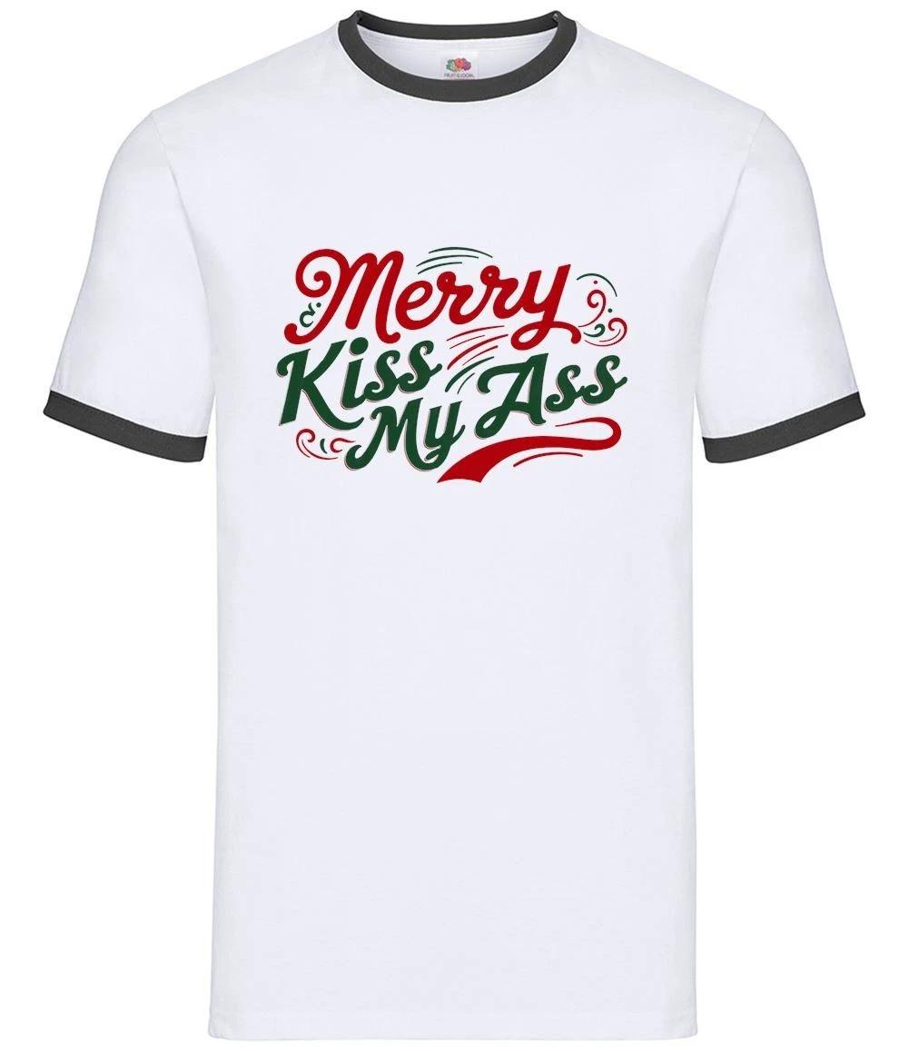 Merry Kiss My Arse - Mens Ringer - Funny Christmas Rude Xmas Secret Santa M
