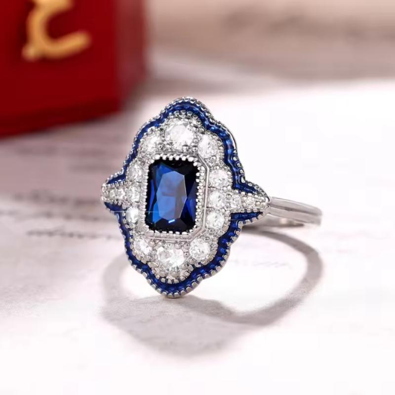 Retro Blue Rings Women Anniversary Evening Party Dazzling Cubic Zirconia CopperColor Elegant Lady's Ring Vintage Jewelry