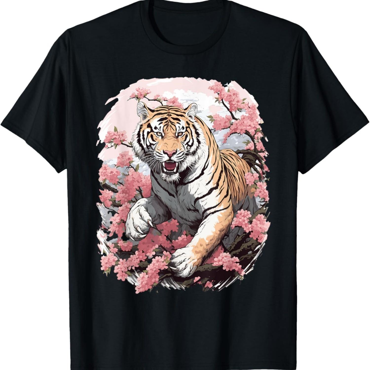 Tiger T Shirts For Women Vintage  Cherry Blossom T-Shirt S чёрный