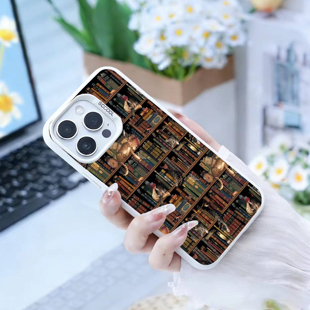

Vintage Bookshelf Kitten Phone Case For iPhone17, 16,15,14,13,12 Pro Max white Candy Matte Shockproof Cover iPhoneXSMAX