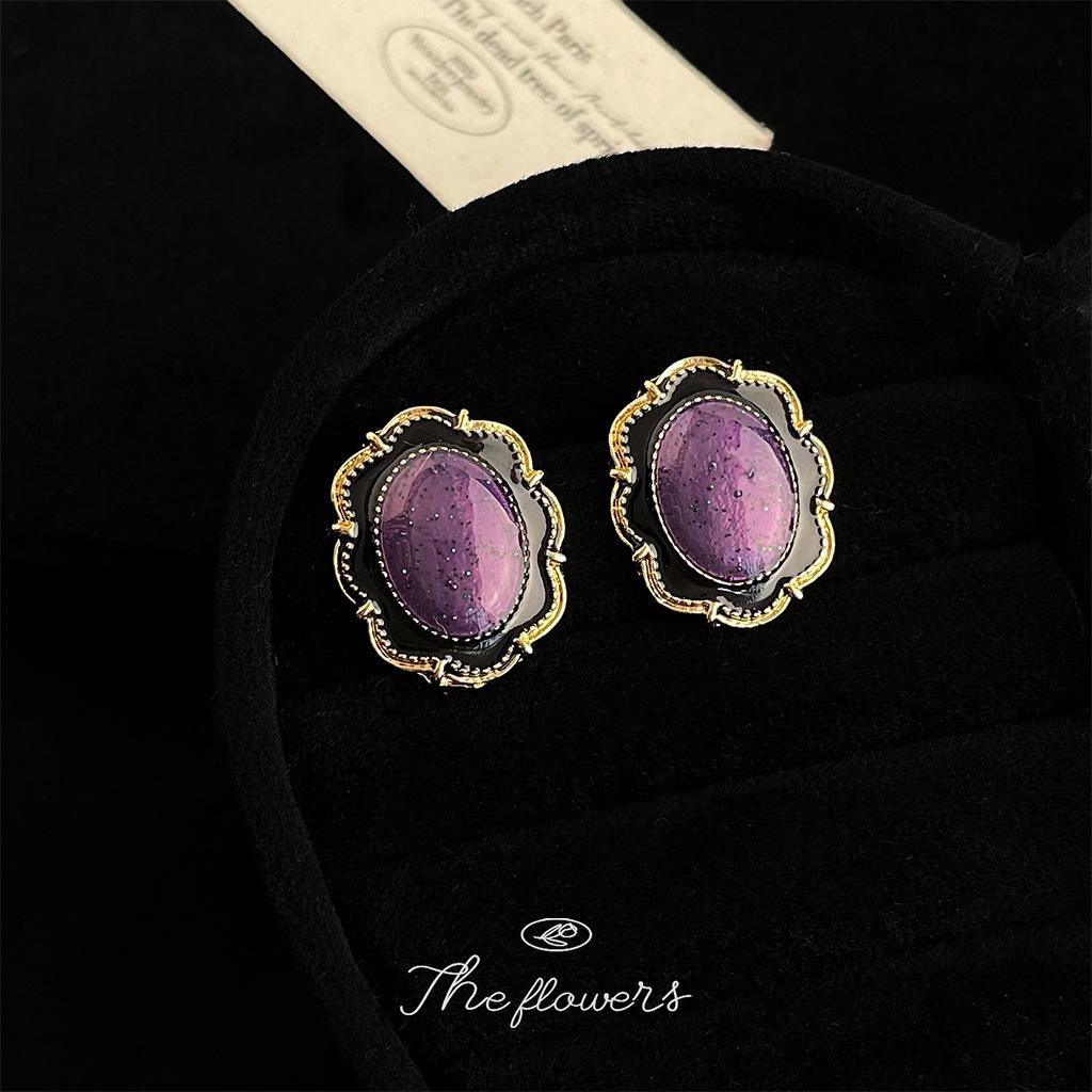 

Литературный ретро-темперамент, фиолетовое покрытие, 14 карат, кружевные овальные геометрические серьги, эмалевая глазурь, новые серьги в гонконгском стиле