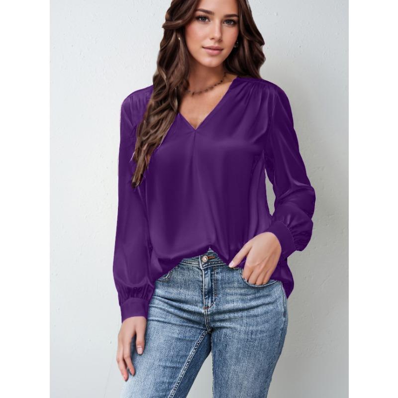 Plus Size Women's Pleated Long Sleeve V Neck Casual Loose Commuter Top