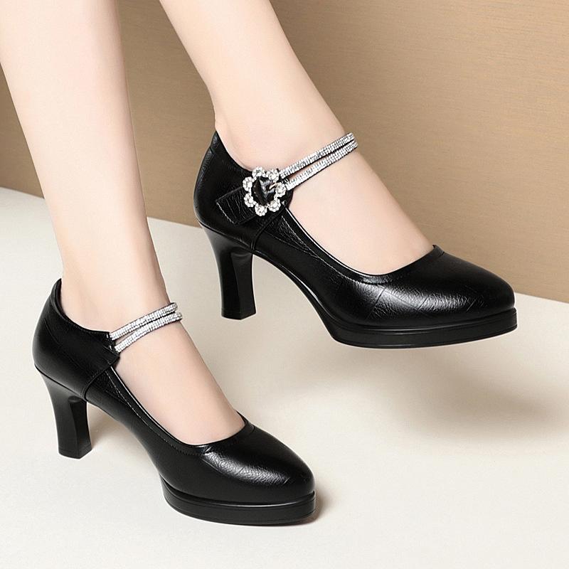 Fashion Comfortable Shallow Soft Leather Ankle Band Mary Jane 2025 Spring Block Middle Heels Shoes Platform for Office Mom