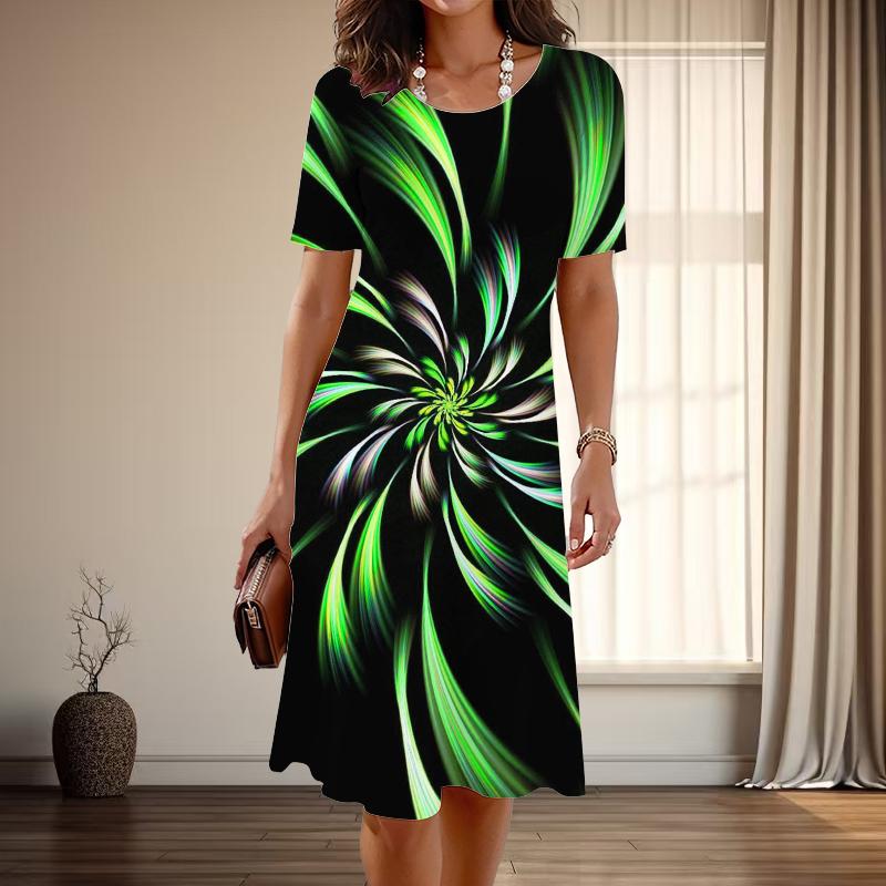 

Женская мода изящный абстрактный принт лето весна короткий рукав О-образный вырез повседневные платья L зелёный