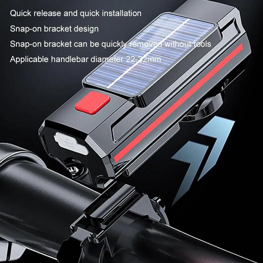 Solar Bicycle Light Bike Front Lamp with Horn USB Rechargeable Power Display Waterproof Bike Flashlight Headlamp