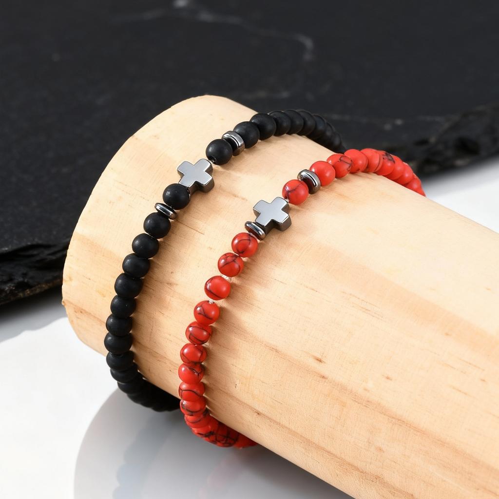 Gallstone Cross Beaded Bracelet for Men Boys,4mm Red Pine Stone Black Onyx Elastic Wristband,Simple Stackable Jewelry