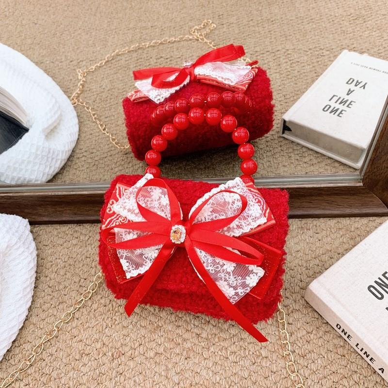 Red Girls Enchanting Shoulder Bag With Chic Bow And Tassel Accents Kids For