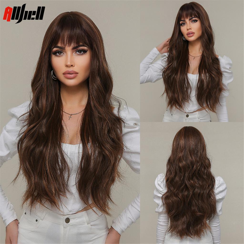 Lange gewellte braune Ombre-Synthetik-Perücken, natürliches Haar, gewellte Damen-Perücken mit Pony, hitzebeständig, tägliche Verwendung, Cosaply für schwarze Frauen
